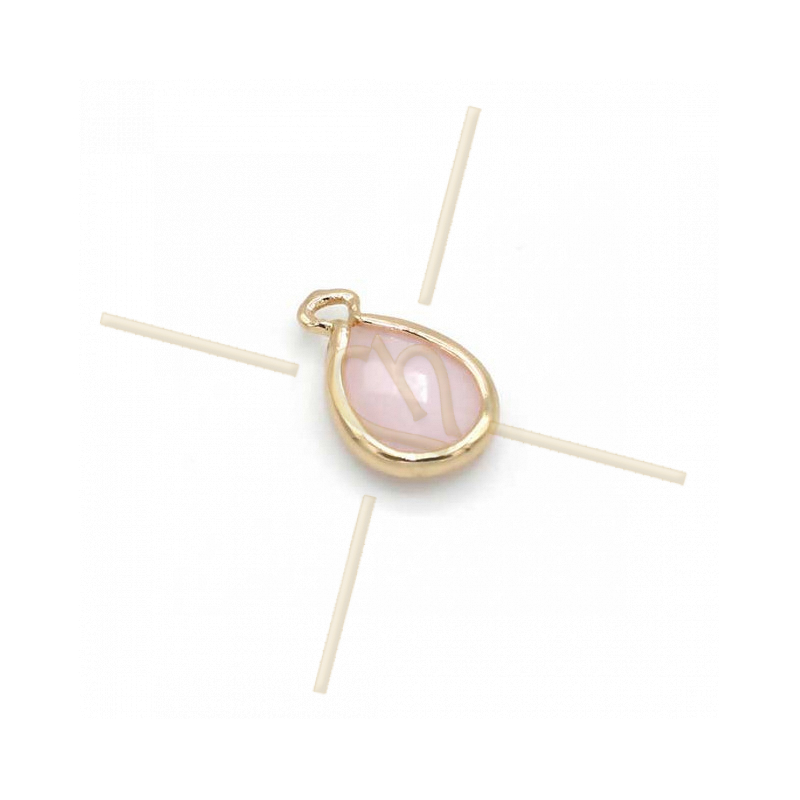 pendentif Goutte verre rose opal + métal 9mm à 2 anneaux gold plated