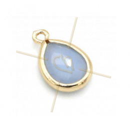 hangertje goutte blue opaque glas + metaal 9mm met 2 ringen gold plated