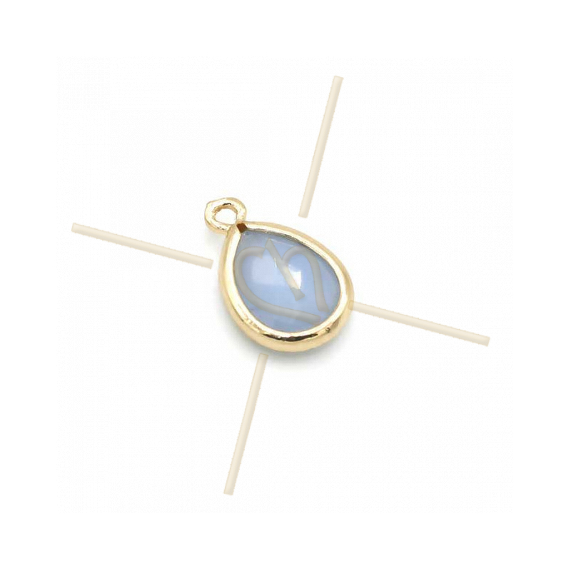 hangertje goutte blue opaque glas + metaal 9mm met 2 ringen gold plated