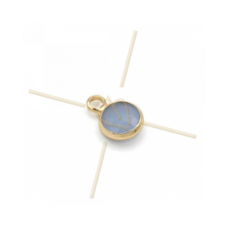 hangertje rond blue opaque glas + metaal 6mm met 1 ring gold plated
