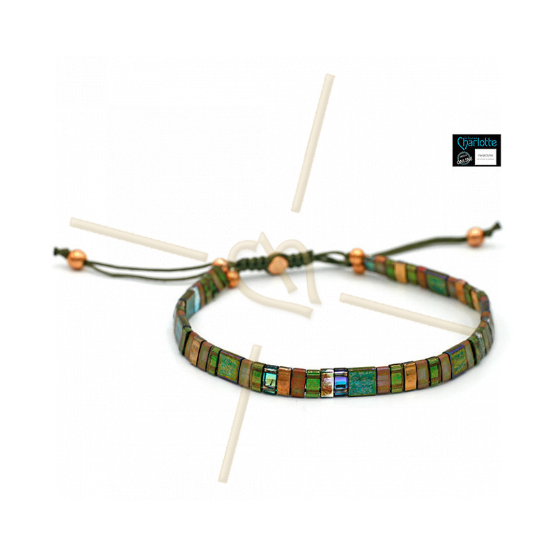 Kit bracelet with Miyuki Quarter + Half + Tila with macramé clasp Khaki Green