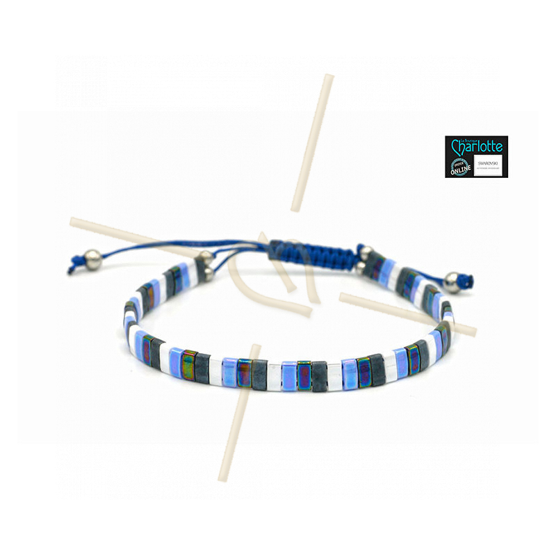 Kit armbandje met Miyuki quart + half + Tila met macramé sluiting Blauw Wit Mix