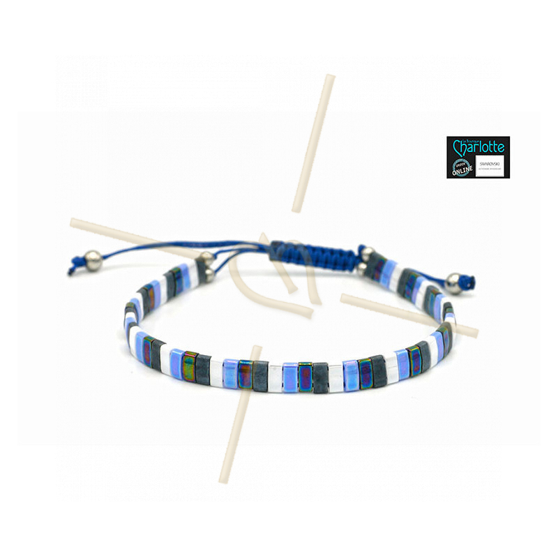 Kit bracelet with Miyuki Quarter + Half + Tila with macramé clasp blue white mix