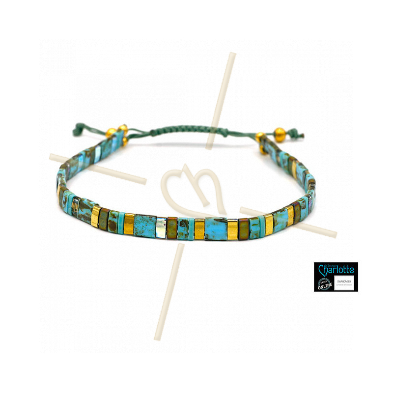 Kit bracelet avec Miyuki Quart + Demi + Tila en macramé fermoir Turquoise Picasso bronze