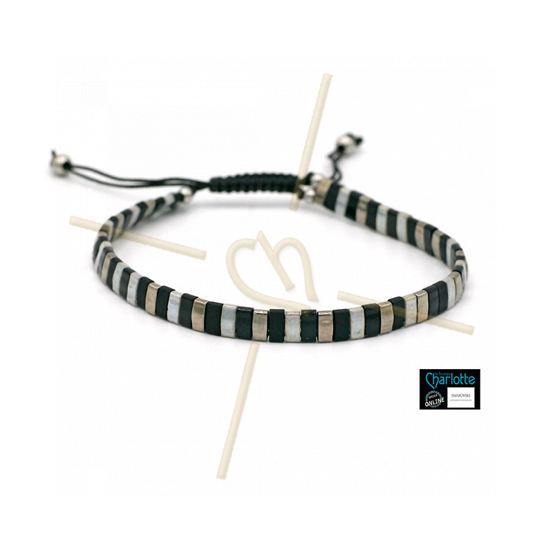Kit bracelet avec Miyuki Quart + Demi + Tila en macramé fermoir Gris Noir