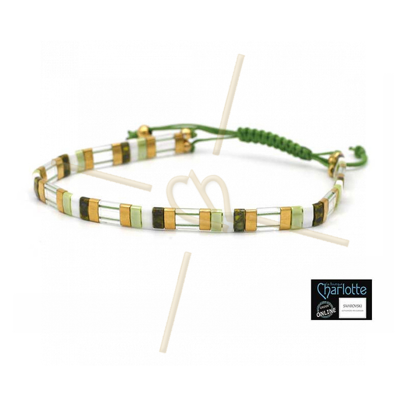 Kit bracelet avec Miyuki Quart + Demi + Tila en macramé fermoir Vert Blanc Doré