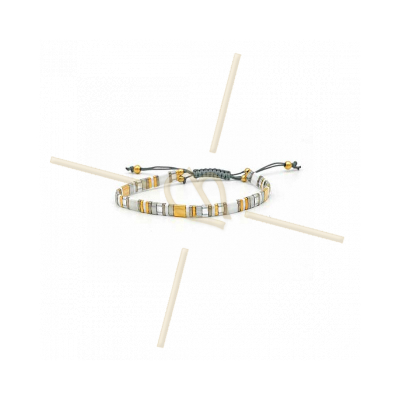 Kit bracelet avec Miyuki Quart + Demi + Tila en macramé fermoir Argent Blanc Doré