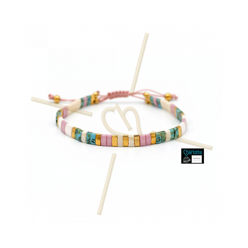 Kit bracelet avec Miyuki Quart + Demi + Tila en macramé fermoir Ivory Pink Picasso