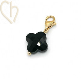 Charms clover4 ZWART met edelstaal slotje goldplated