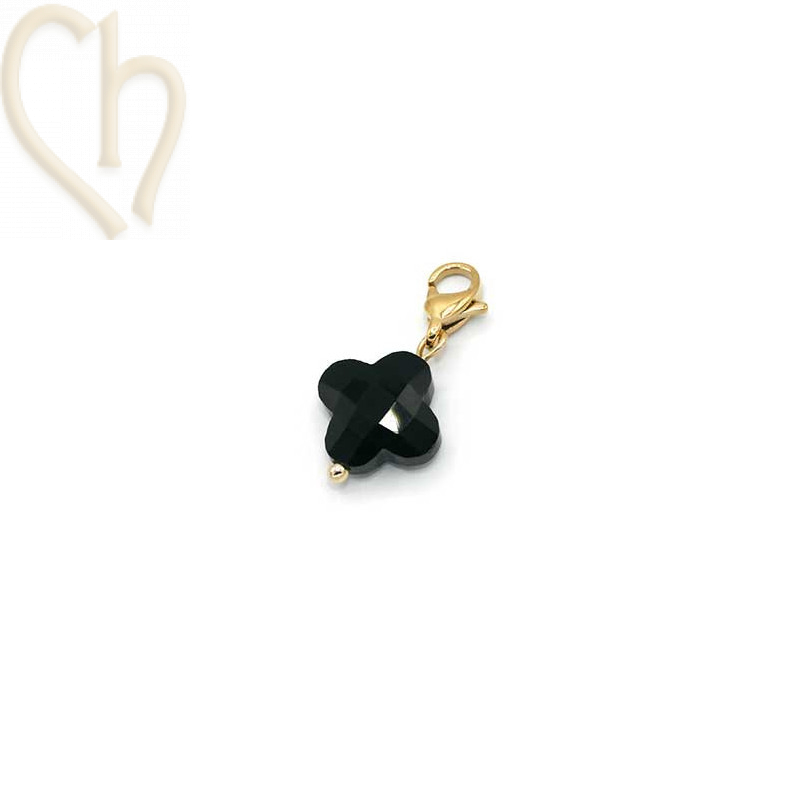 Charms clover4 ZWART met edelstaal slotje goldplated