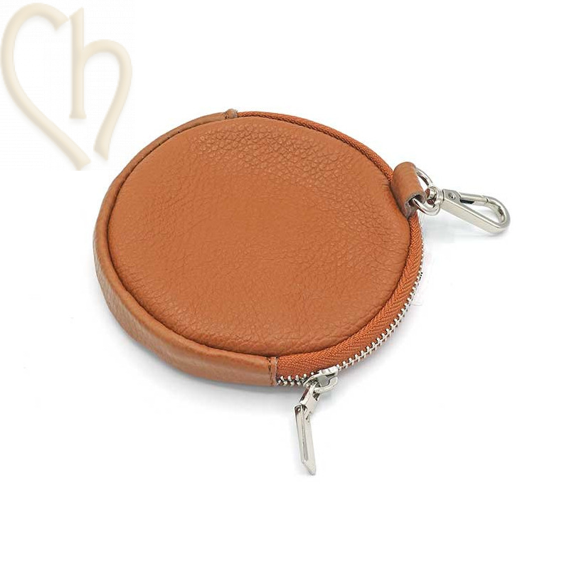 Leather purse wallet round with clip. color : Cognac