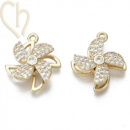 Charms bloem draaiend 20mm met strass Gold Plated