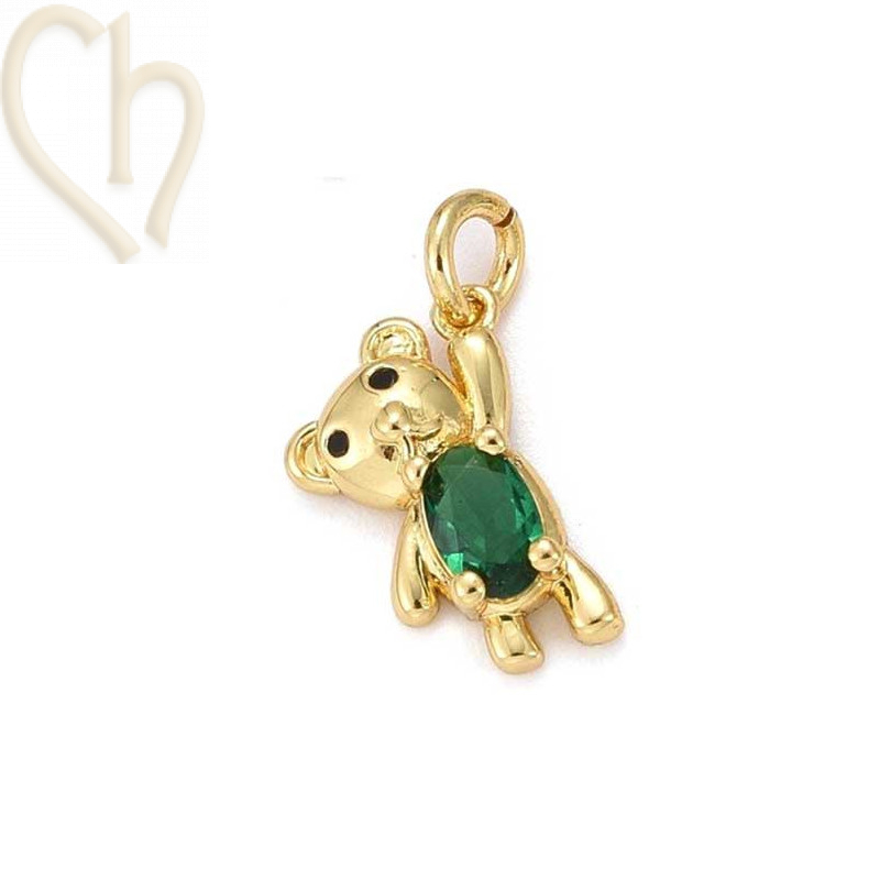 Charms Gold Plated teddybeer met strass emerald