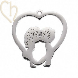 Stainless Steel hangertje girl and boy in hartje 25mm Rhodium