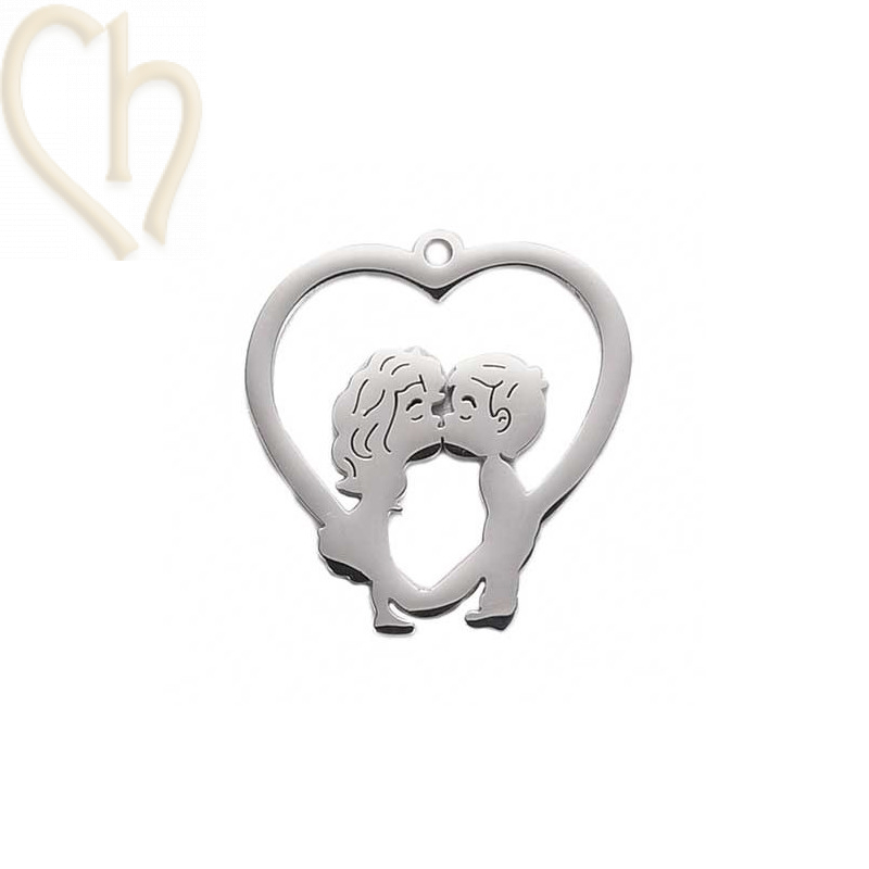 pendant Stainless Steel boy and girl 25mm Rhodium