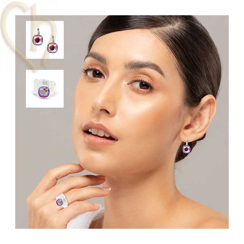 Set adjustable Ring and Earrings with Crystal 4470 Light Siam Shimmer