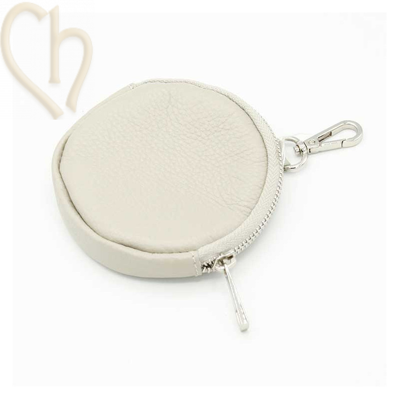Leather purse wallet round with clip. color : Beige - Silver