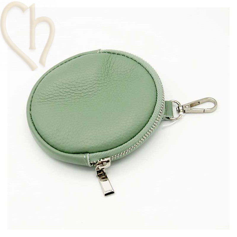 Leather purse wallet round with clip. color : Mintgreen - Silver