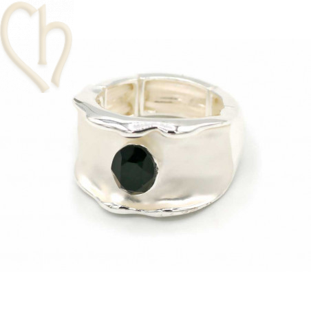 Bague Réglable Résine Brillante Noire Avec Strass - Métal Couleur Argent Sans Nickel - N°79