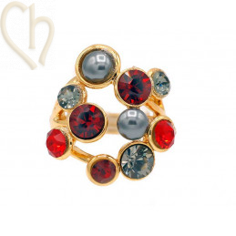 Kit Ring adjustable Gold Plated with Crystals Red Grey