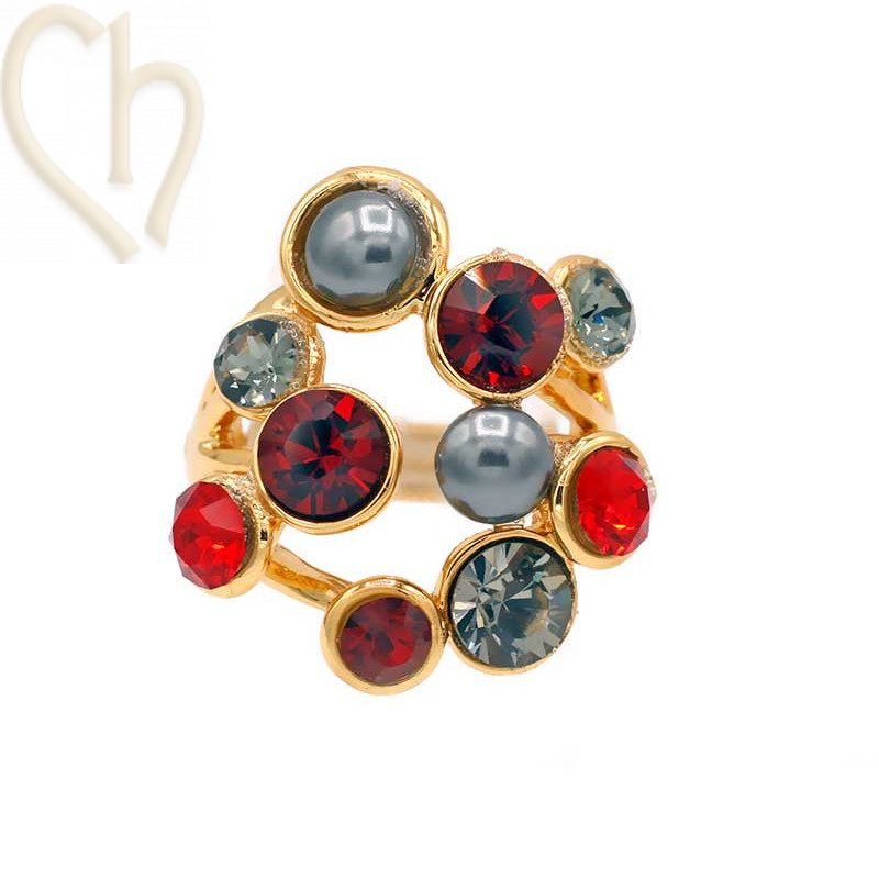 Kit Ring adjustable Gold Plated with Crystals Red Grey