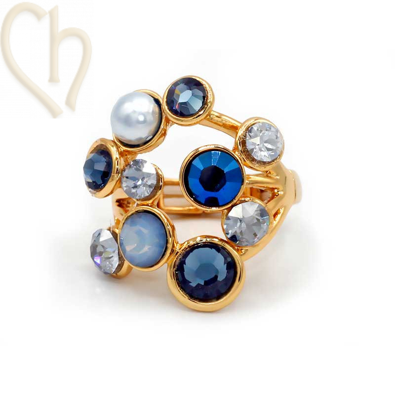 Kit Ring adjustable Gold Plated with Crystals Cristal Blue