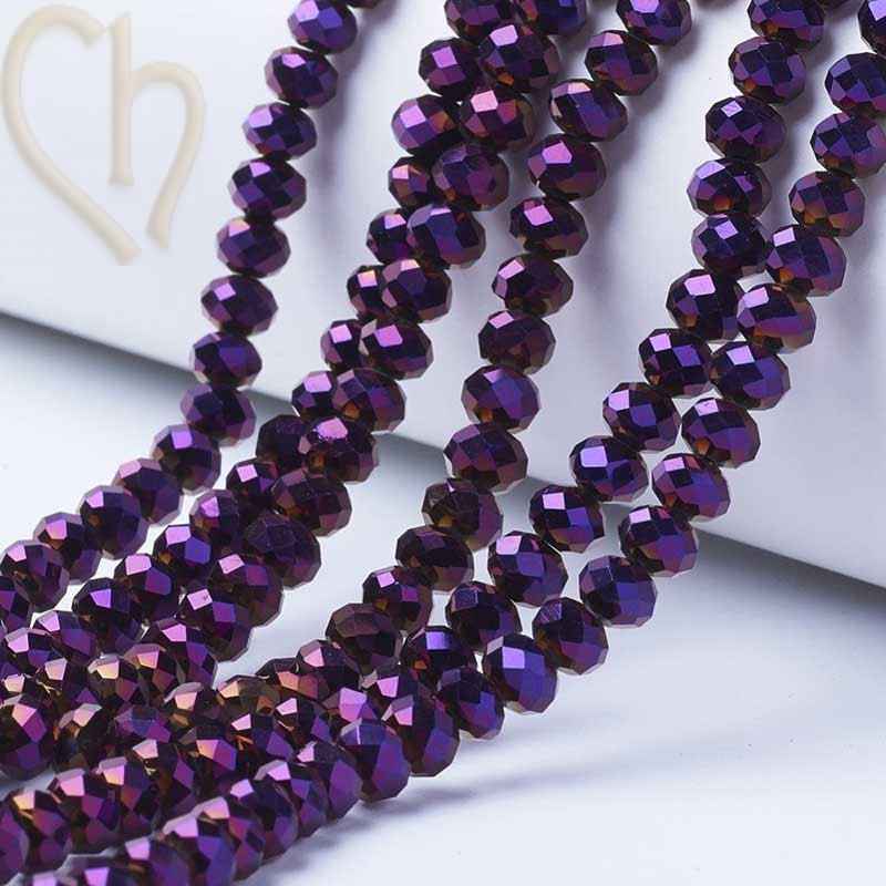 Ronde platte gefacetteerde glaskraal 3x2mm kleur Purple Plated