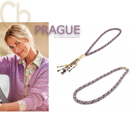 Collier Torsadé Perles De Verre Blanc Et Mauve - Occasion - Style Vintage