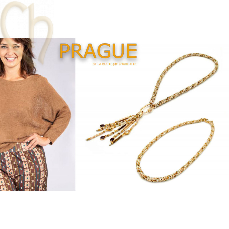 Halsketting "Prague" met glaskralen 3x2mm en Rocailles - Beige Gold