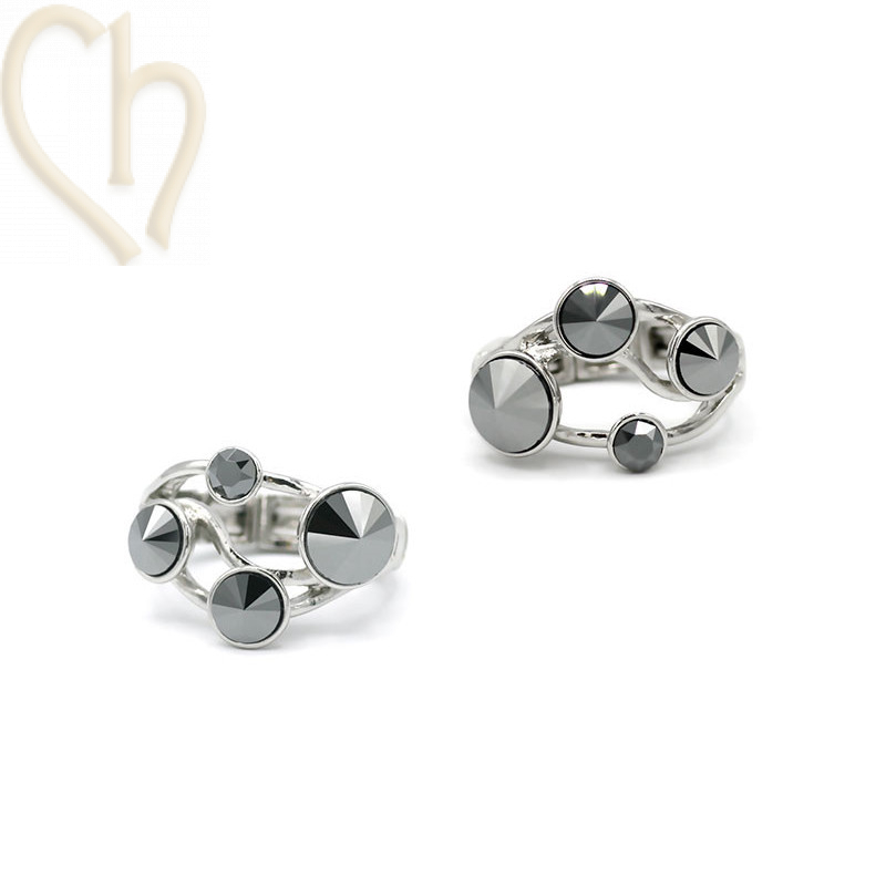 Kit van Ring regelbaar elastisch rhodium  met Cristal stenen Jet Hematite