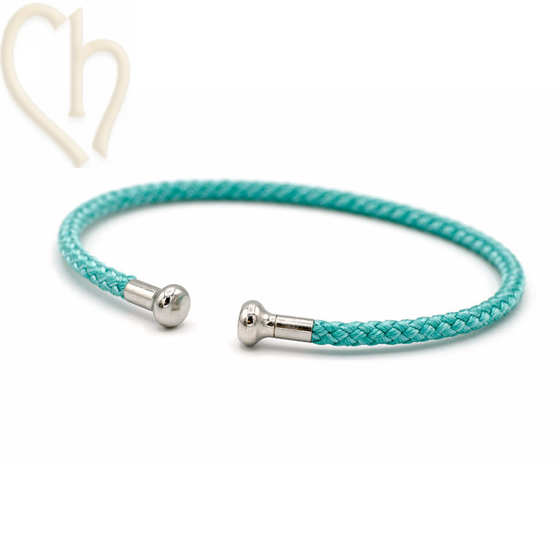 Bracelet Jonc acier Corde avec embout visé - Turquoise Rhodium