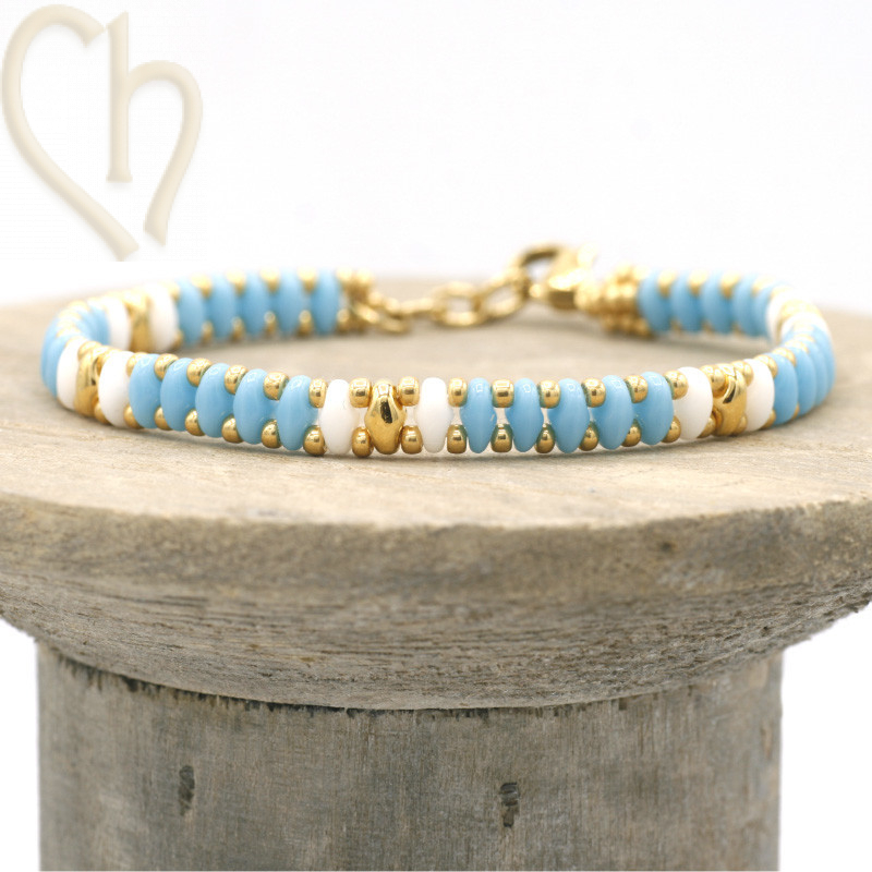 Kit armbandje ByElle met Superduo kralen - Turquoise Blanc