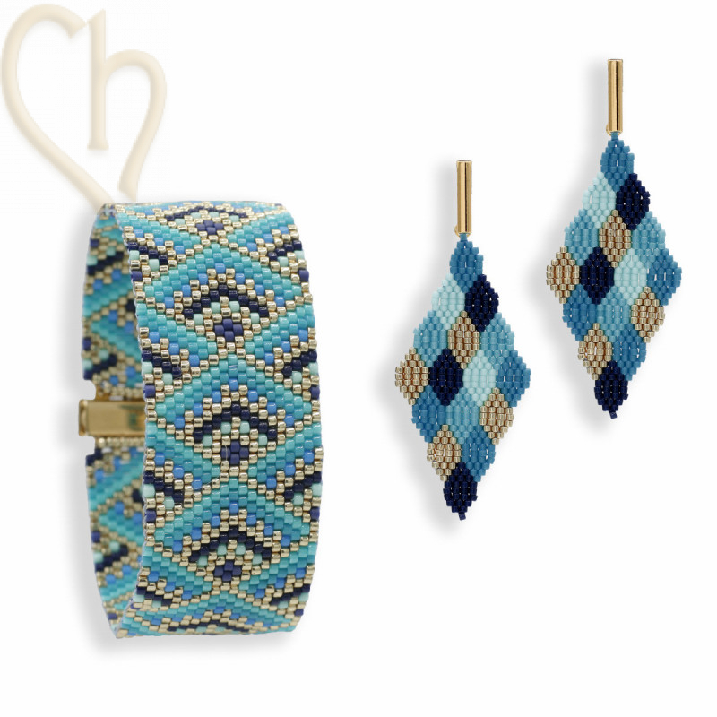 Parure Bracelet + Boucles D'oreilles En Bois De Manguier Vert Anis, Violet Et Bleu - Artisanat Indonésie