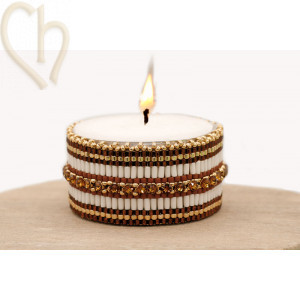 Candle cover with Bugle and Austrian Crystal Mesh Brons - white