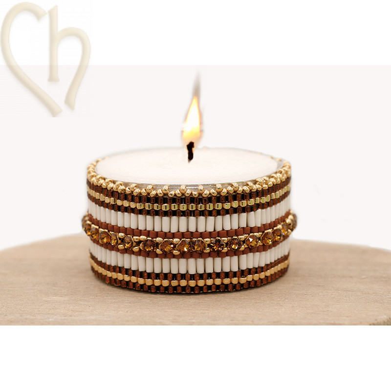 Candle cover with Bugle and Austrian Crystal Mesh Brons - white