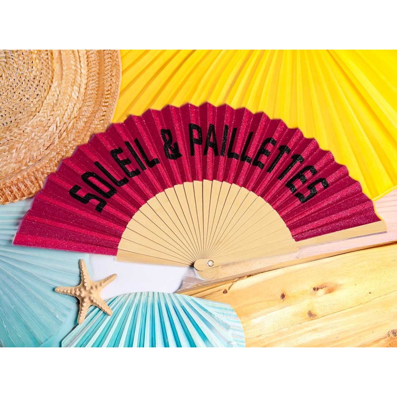 Éventail fuchsia soleil & paillettes fait main