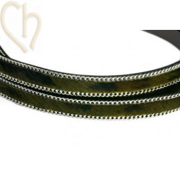 cuir plat 10 mm poilu + chaine argent camouflage noir