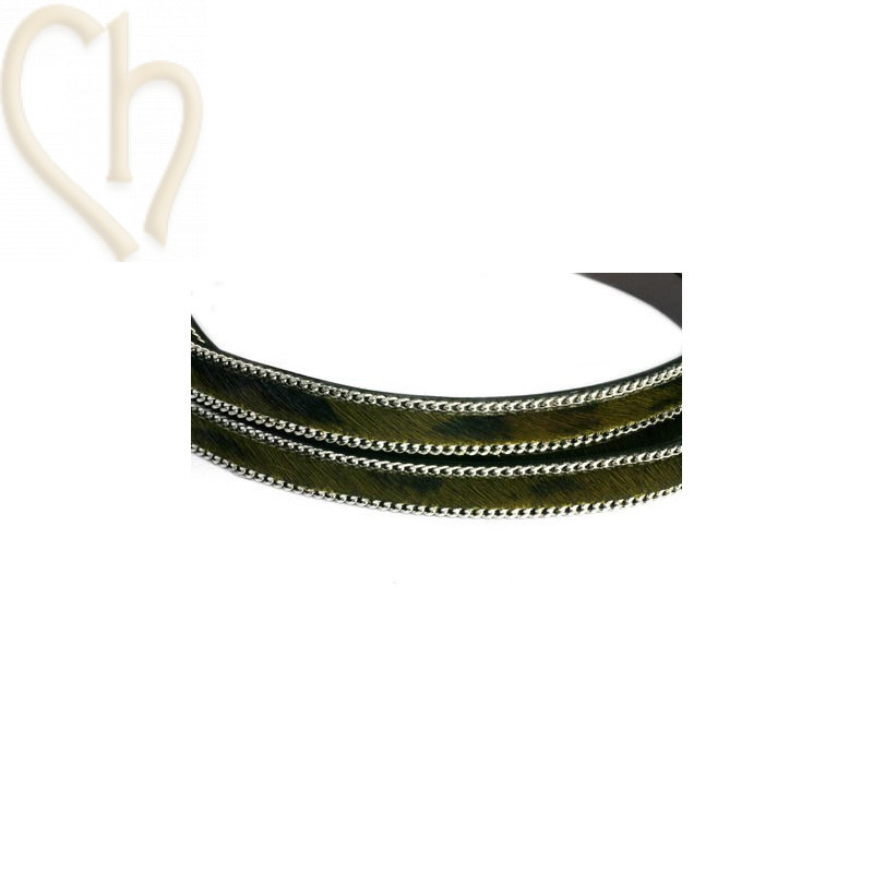 flat leather 10mm + silver chain hairy black