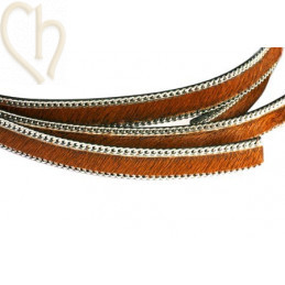 platte leder 10mm + zilveren ketting harige bruin